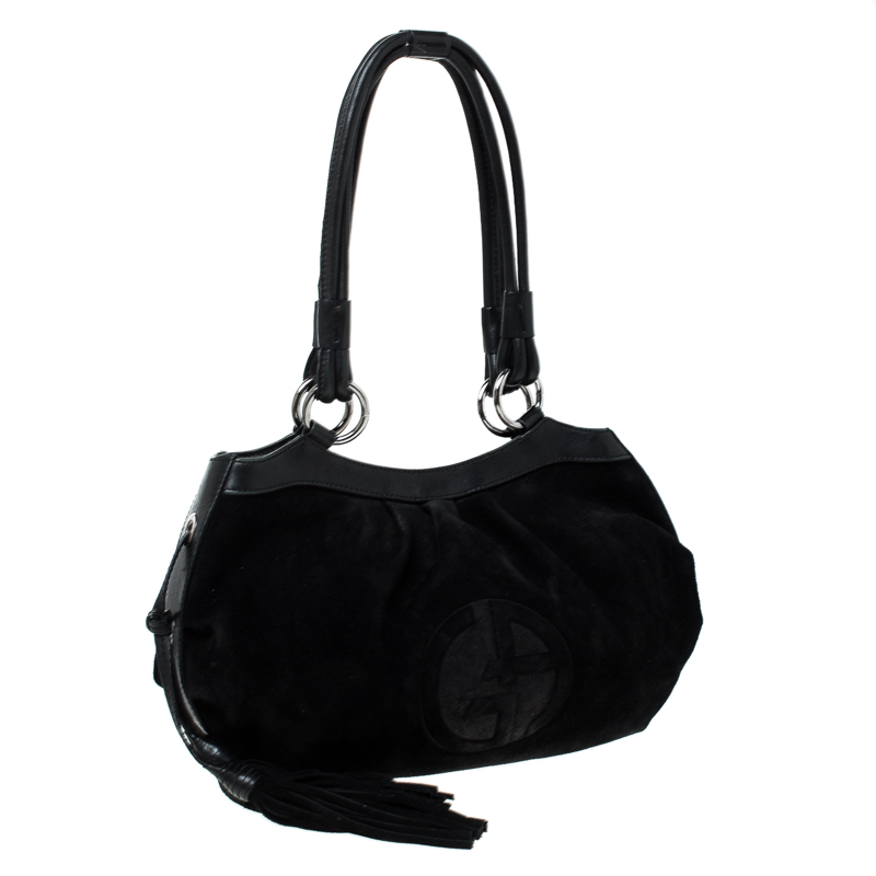 Giorgio Armani Black Suede And Leather Tassel Shoulder Bag
