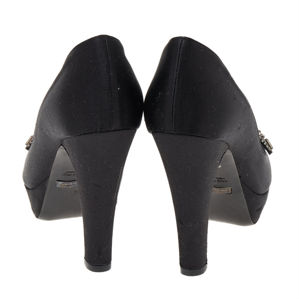 Giorgio Armani Black Satin Crystal Embellished Peep Toe Platform Pumps Size 36