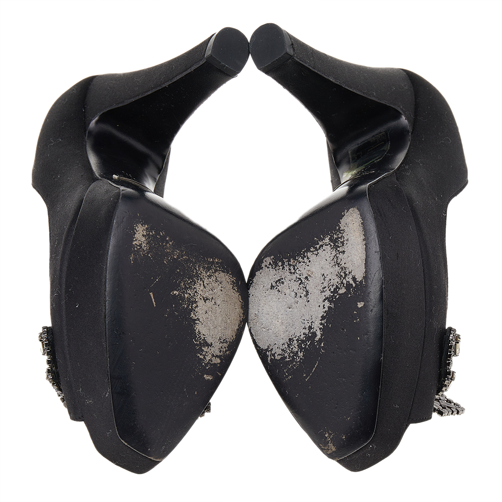Giorgio Armani Black Satin Crystal Embellished Peep Toe Platform Pumps Size 36