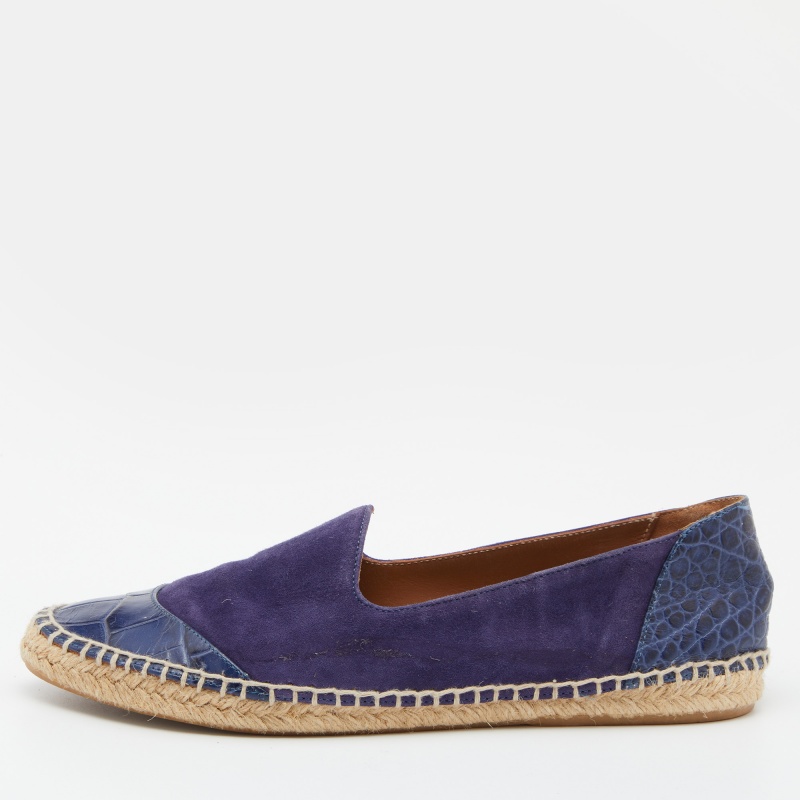 Giorgio Armani Blue Croc Embossed Leather And Suede Espadrille Flats Size 38