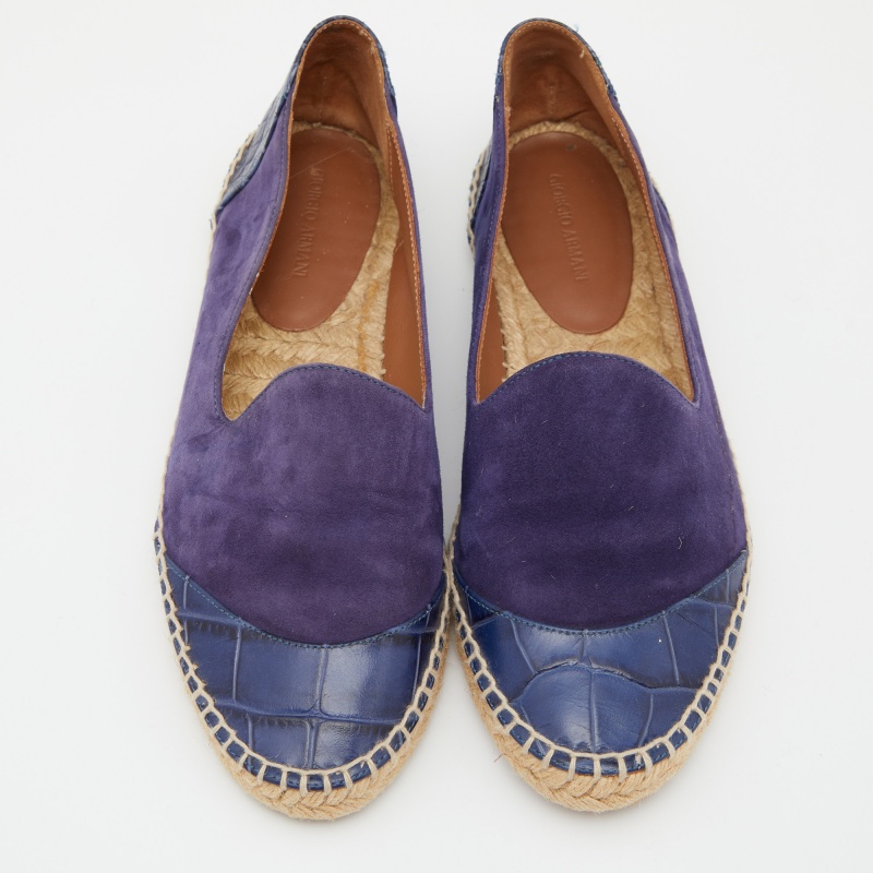 Giorgio Armani Blue Croc Embossed Leather And Suede Espadrille Flats Size 38