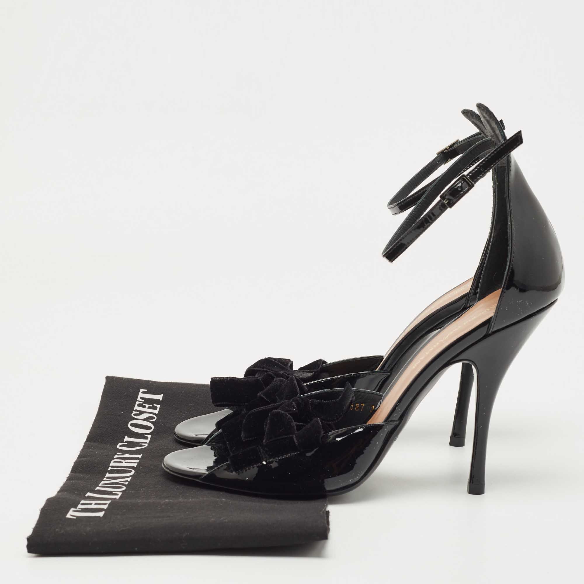 Giorgio Armani Black Velvet And Patent Leather Ankle Strap Sandals Size 39