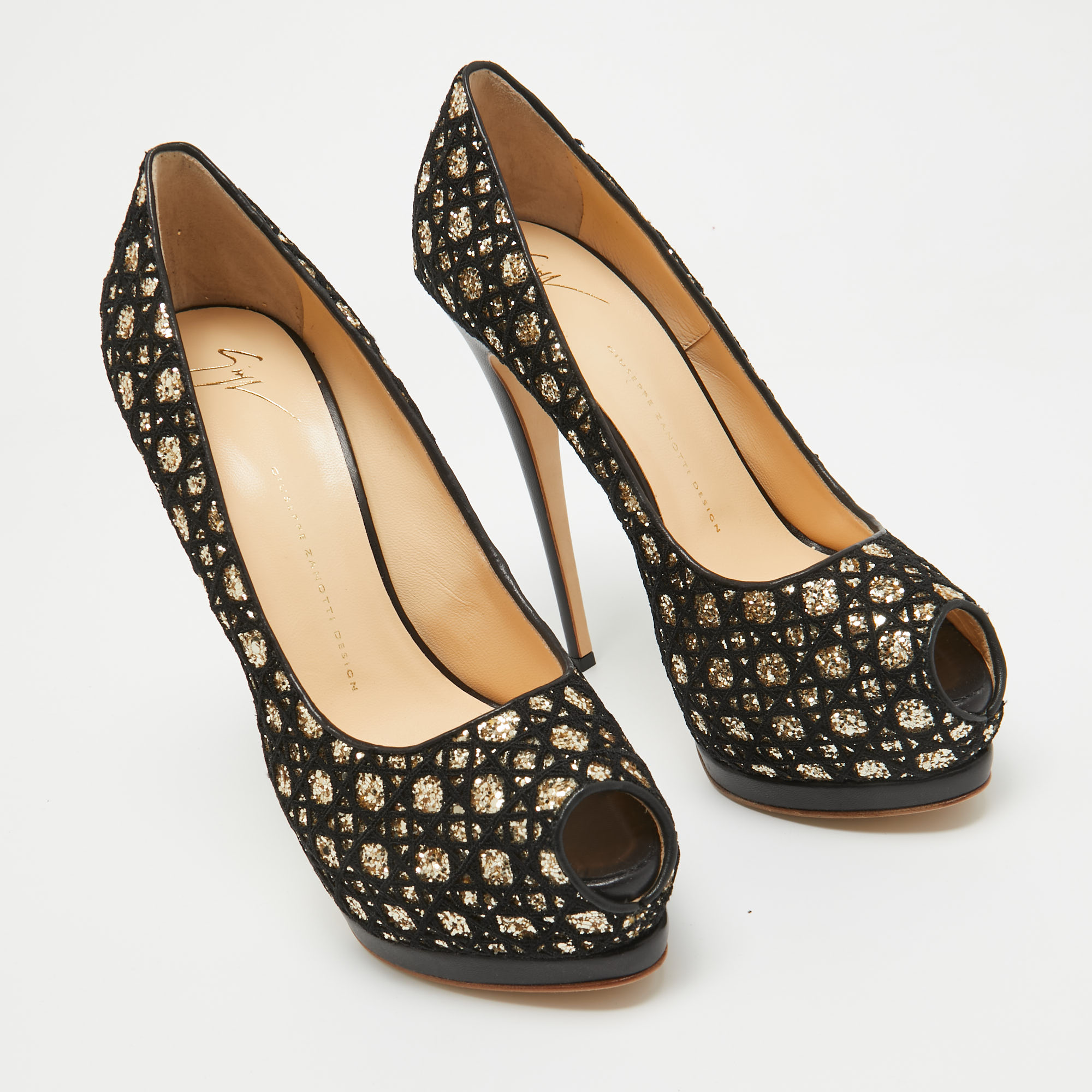 Giuseppe Zanotti Black/Gold Mesh And Glitter Platform Pumps Size 41