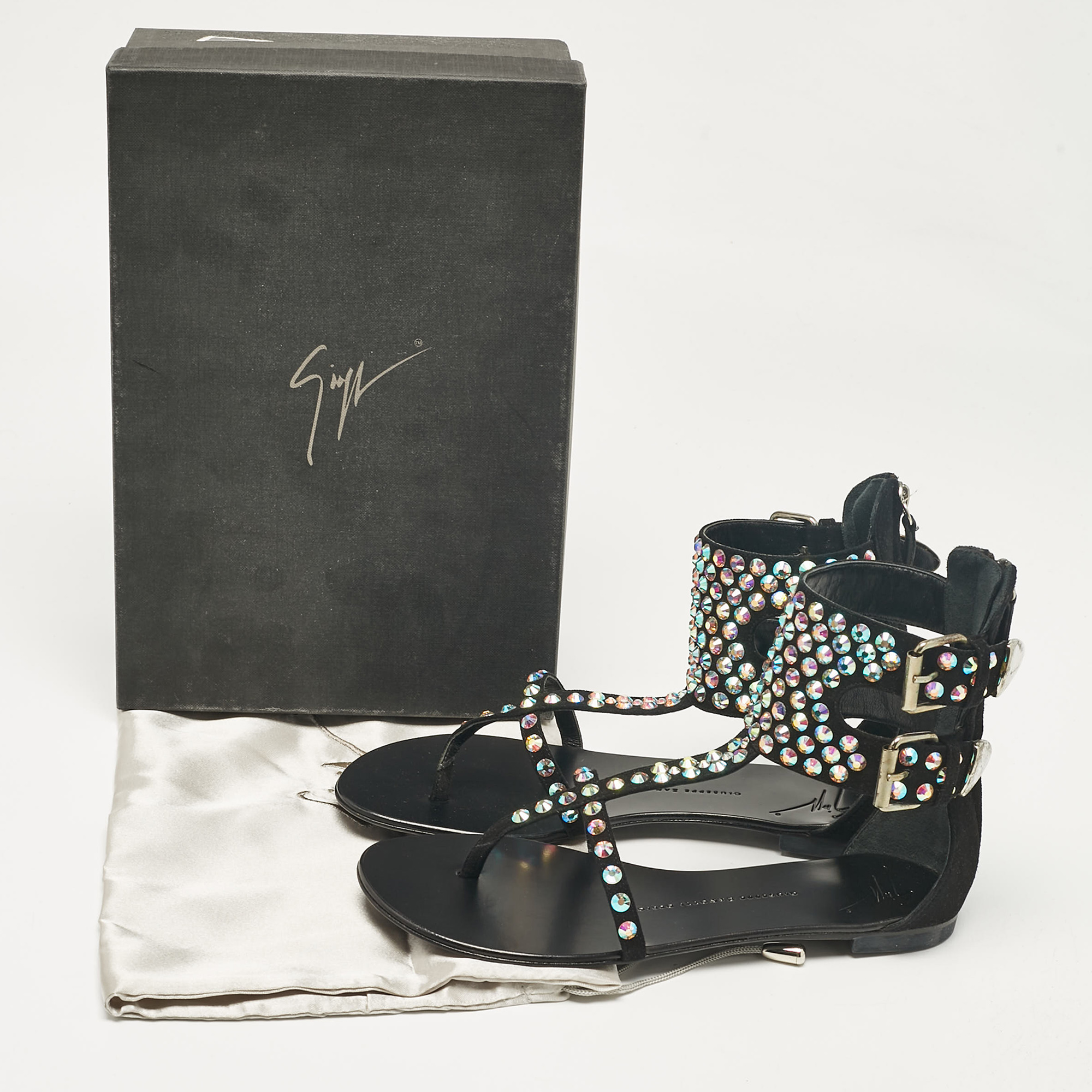 Giuseppe Zanotti Black Suede Crystal Embellished Thong Ankle Cuff Flat Sandals Size 37