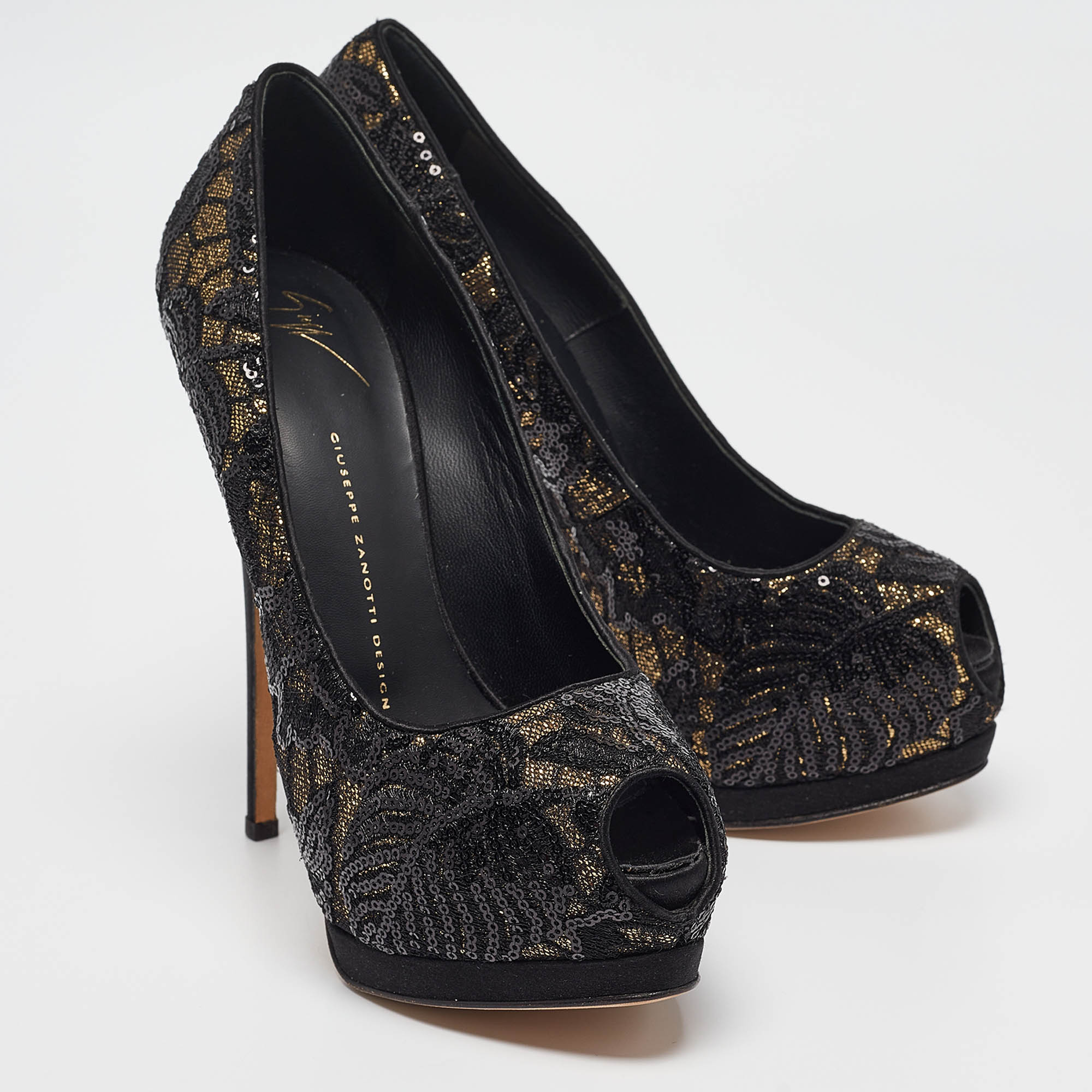 Giuseppe Zanotti Black/Gold Lace And Sequins Sharon Platform Pumps 39.5