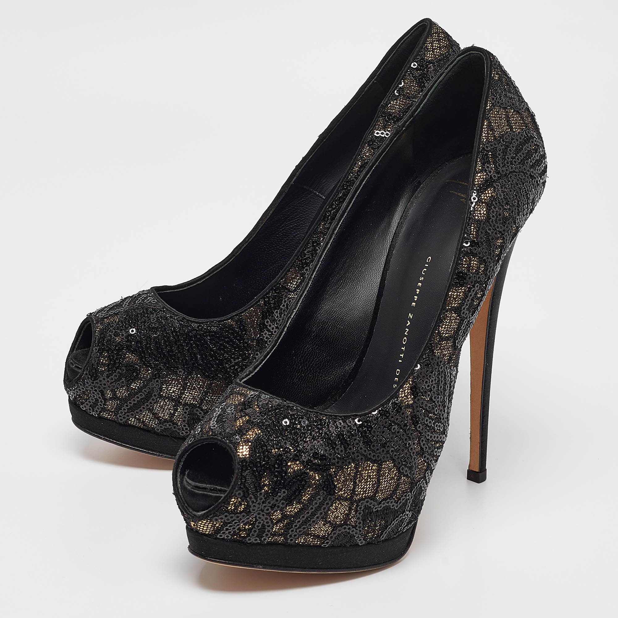 Giuseppe Zanotti Black/Gold Lace And Sequins Sharon Platform Pumps 39.5