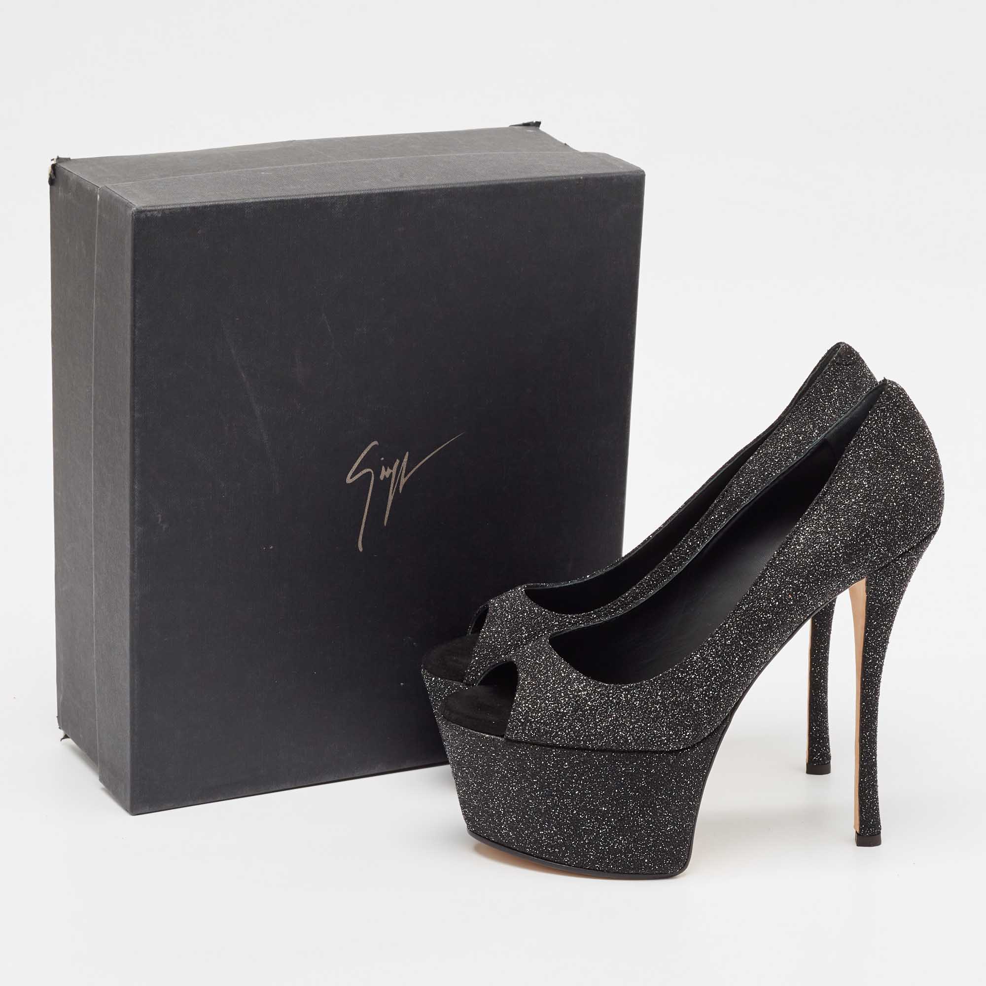 Giuseppe Zanotti Black Glitter Suede Platform Peep Toe Pumps Size 39.5