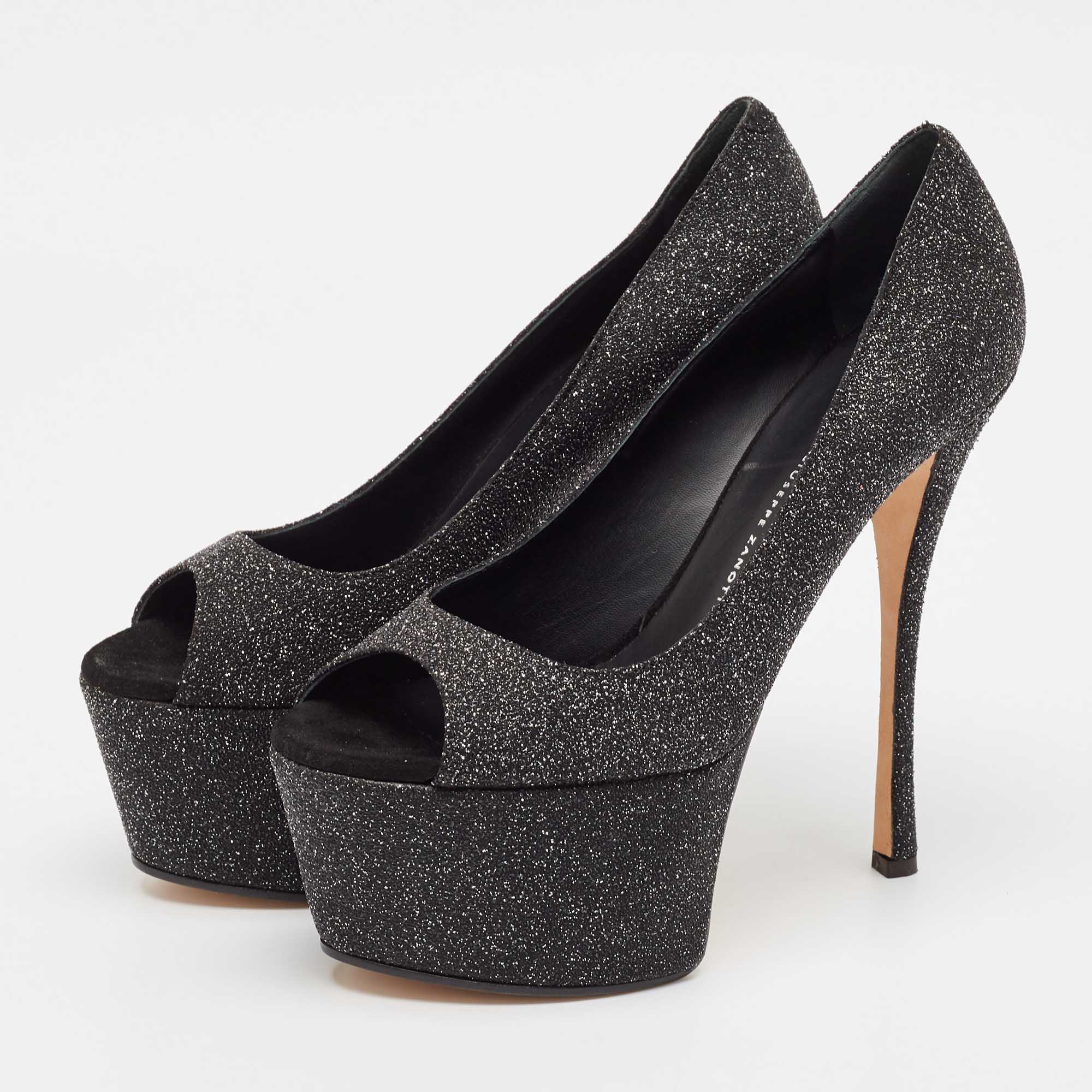 Giuseppe Zanotti Black Glitter Suede Platform Peep Toe Pumps Size 39.5