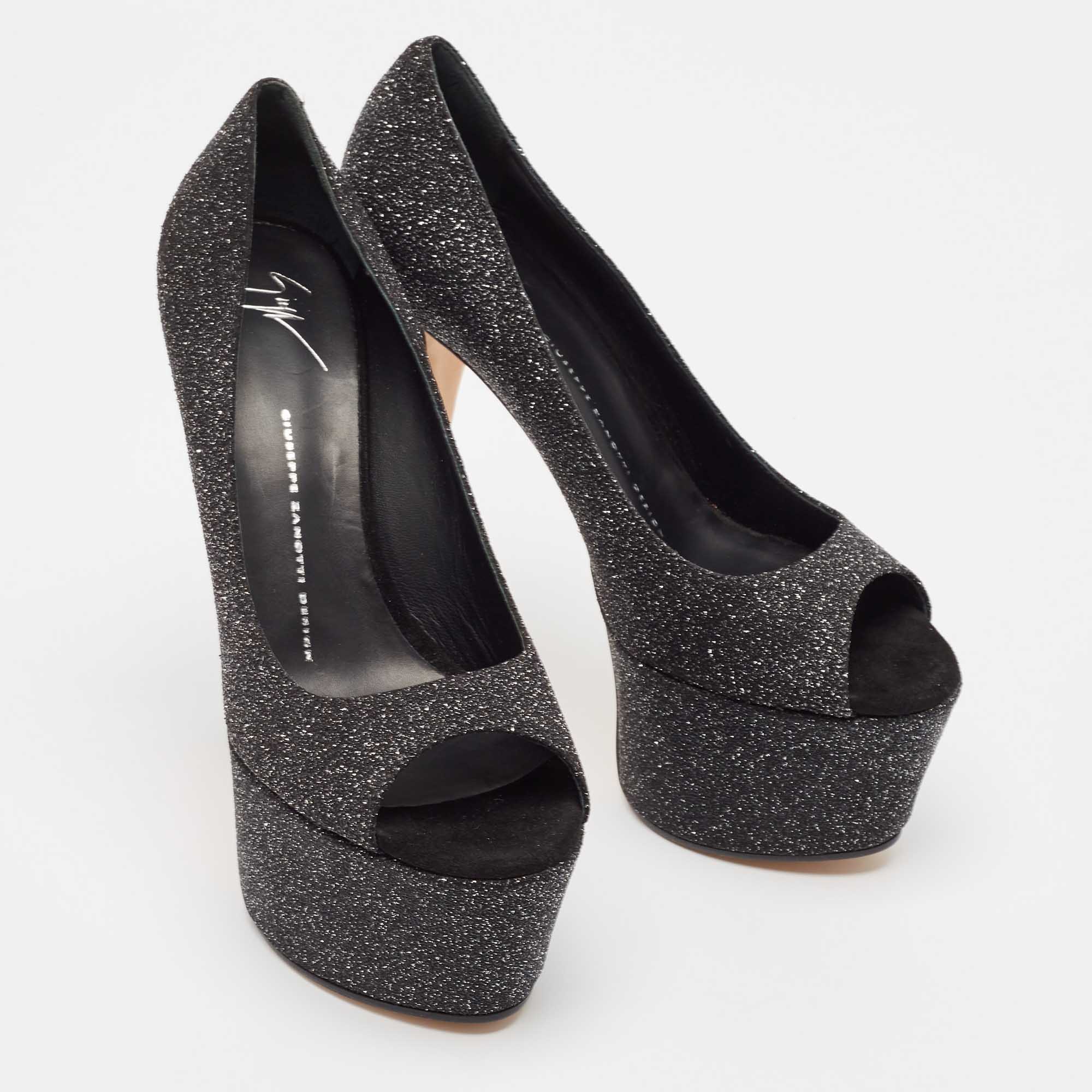 Giuseppe Zanotti Black Glitter Suede Platform Peep Toe Pumps Size 39.5