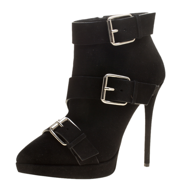 Image of Giuseppe Zanotti Black Buckled Suede Platform Ankle Boots Size .
