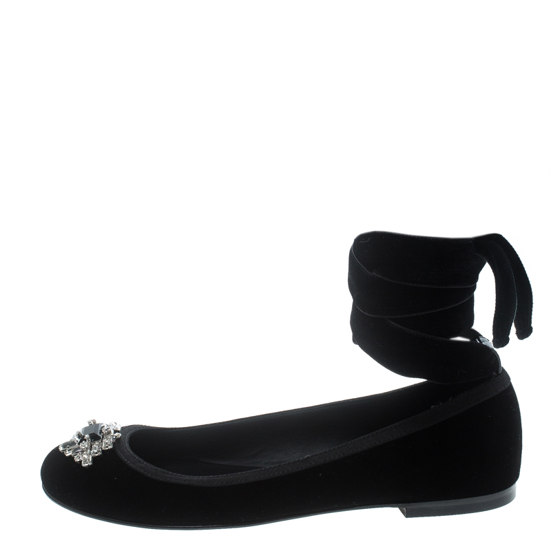 Giuseppe Zanotti Black Velvet Giorgia Crystal Crooch Ankle Wrap Ballet Flats Size 38