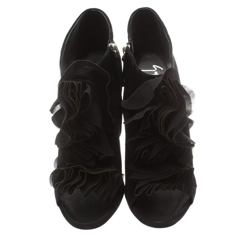Giuseppe Zanotti Black Suede Peep Toe Silk Ruffle Detail Ankle Booties Size 40.5
