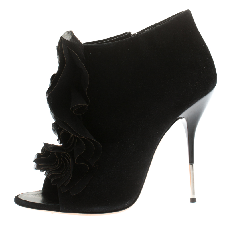 Giuseppe zanotti black suede peep toe silk ruffle detail ankle booties size 40.5