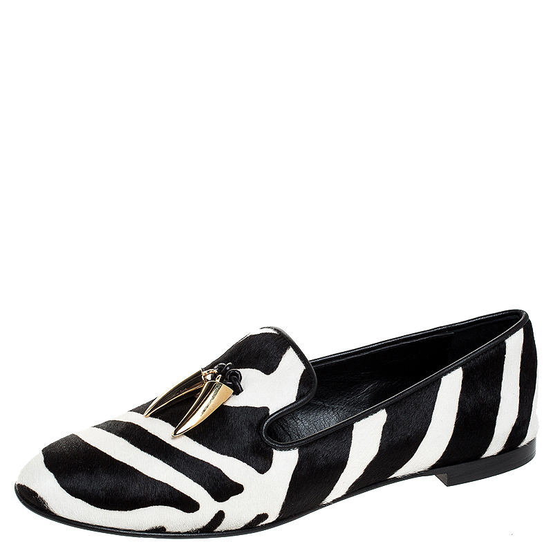 Image of Giuseppe Zanotti Zebra Print Calfhair Shark Tooth Embellished Smoking Slippers Size