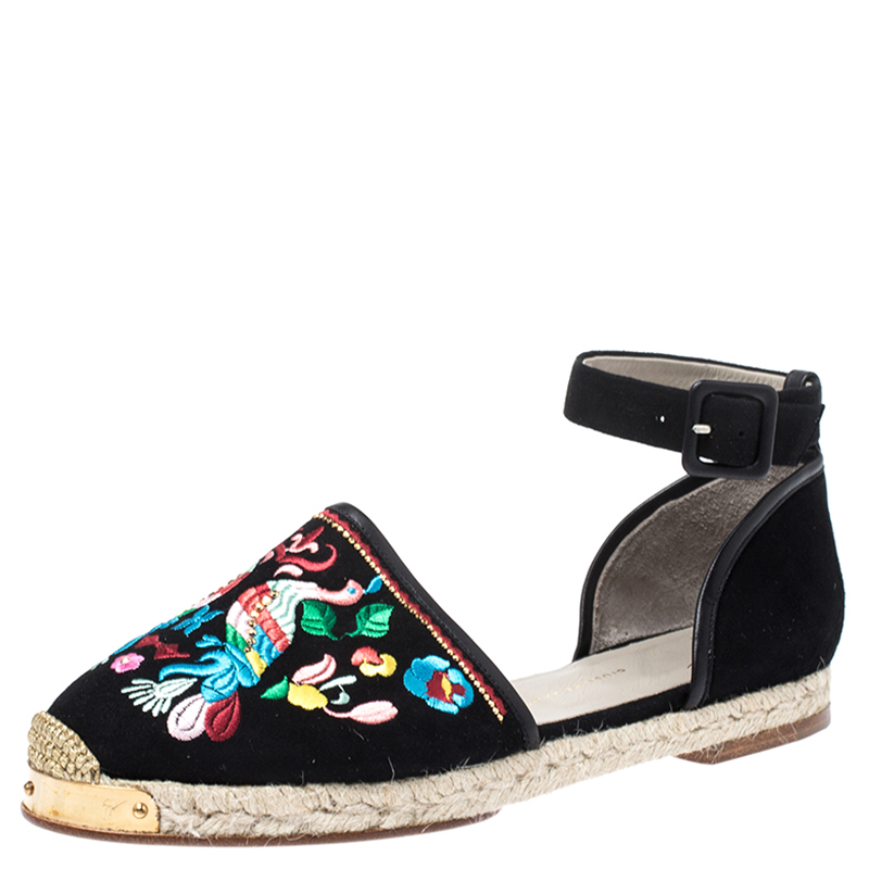 Image of Giuseppe Zanotti Black Embroidered Suede Espadrilles Ankle Strap Flat Sandals Size