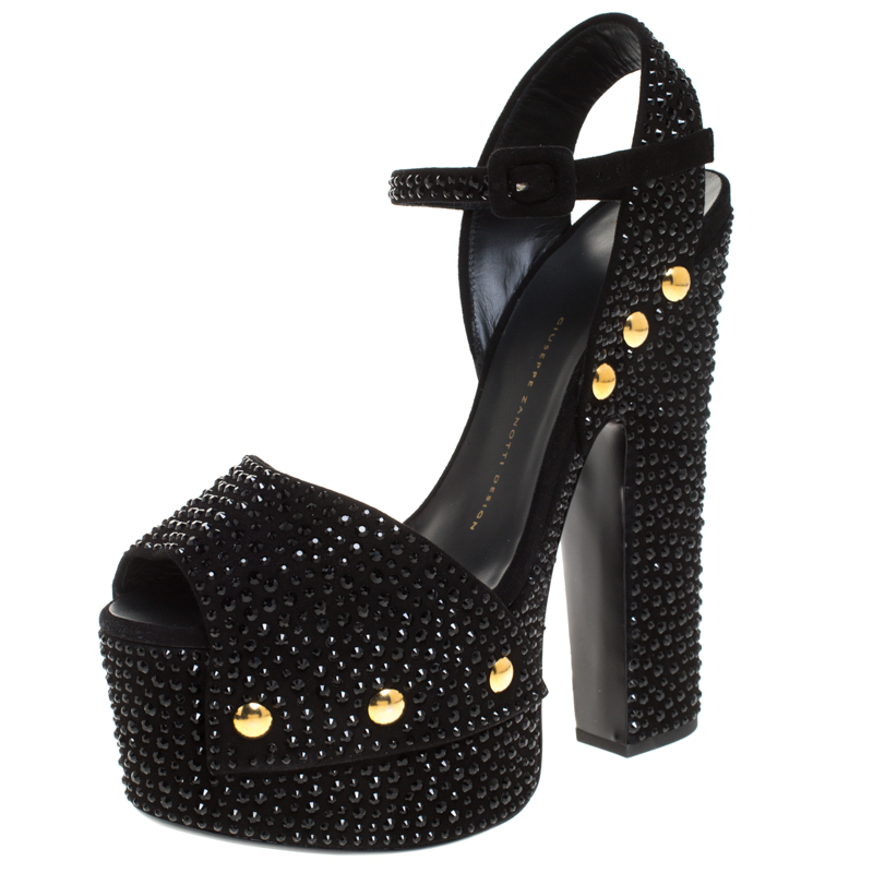 Image of Giuseppe Zanotti Black Crystal Embellished Suede Platform Ankle Strap Sandals Size