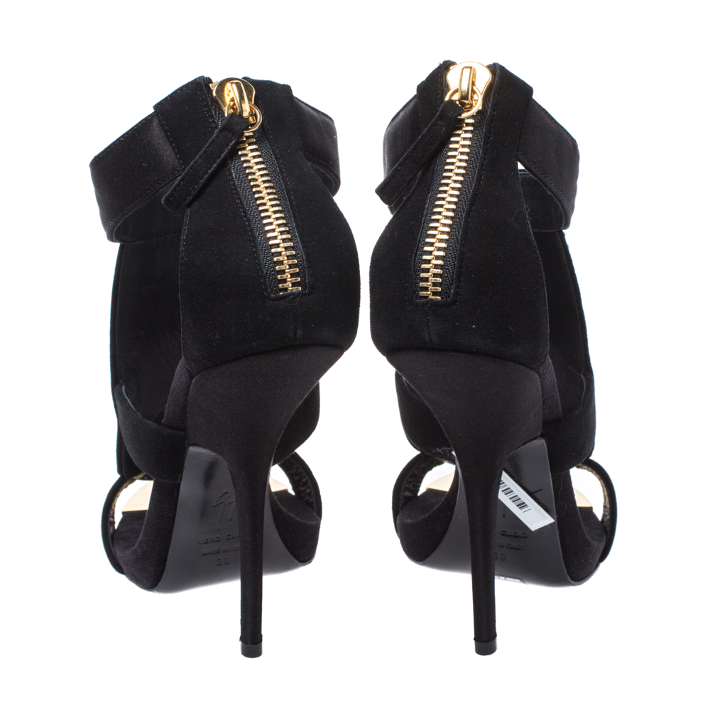 Giuseppe Zanotti Black Satin And Suede Crystal Embellished Ankle Strap Sandals Size 38