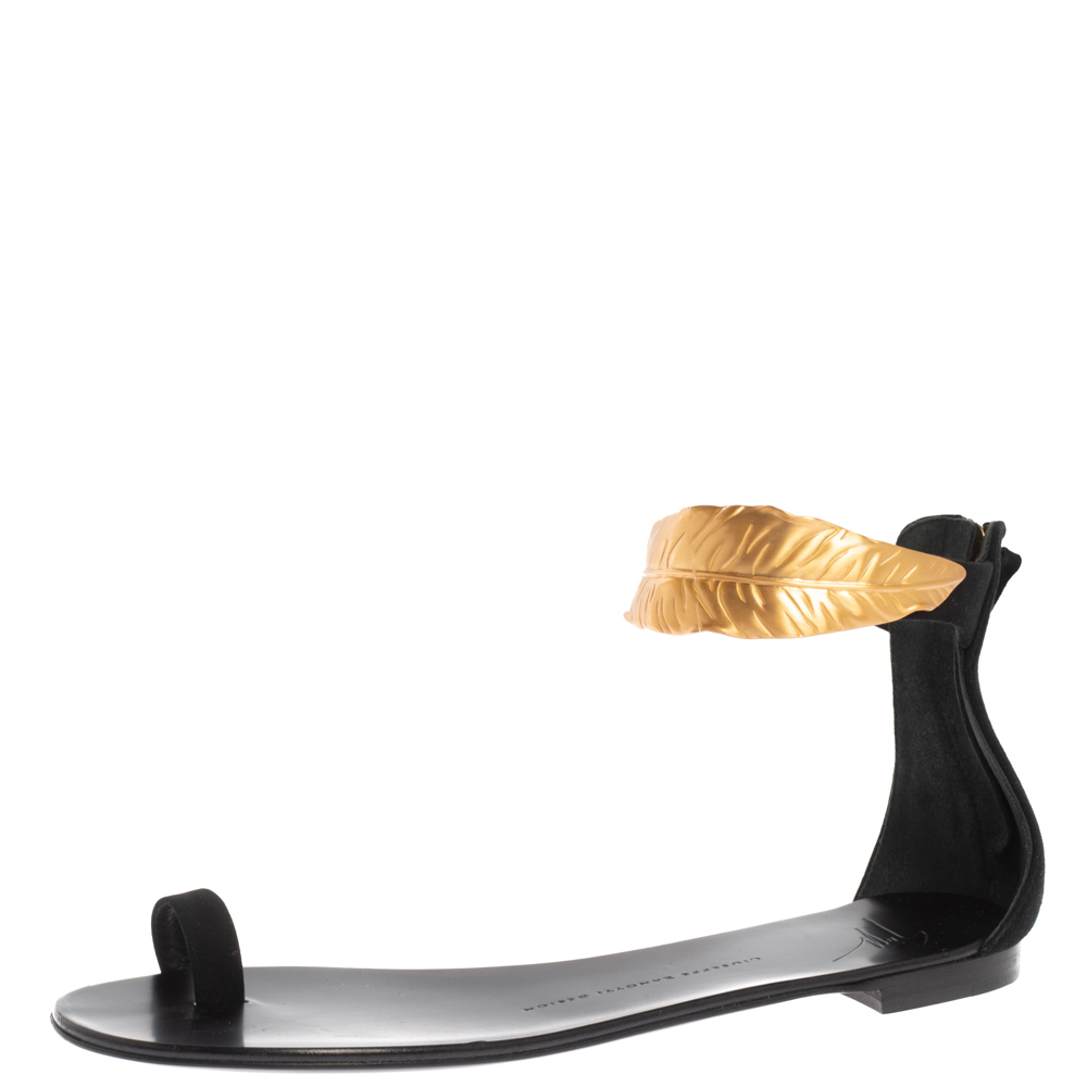 Giuseppe Zanotti Black Suede Gold Leaf Embellished Ankle Strap Toe Ring Flat Sandals Size 40