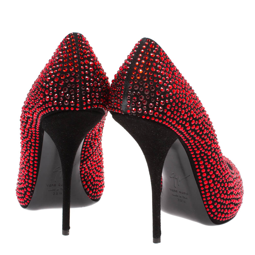 Giuseppe Zanotti Red/Black Suede Nika Crystal Embellished Peep Toe Pumps Size 39.5