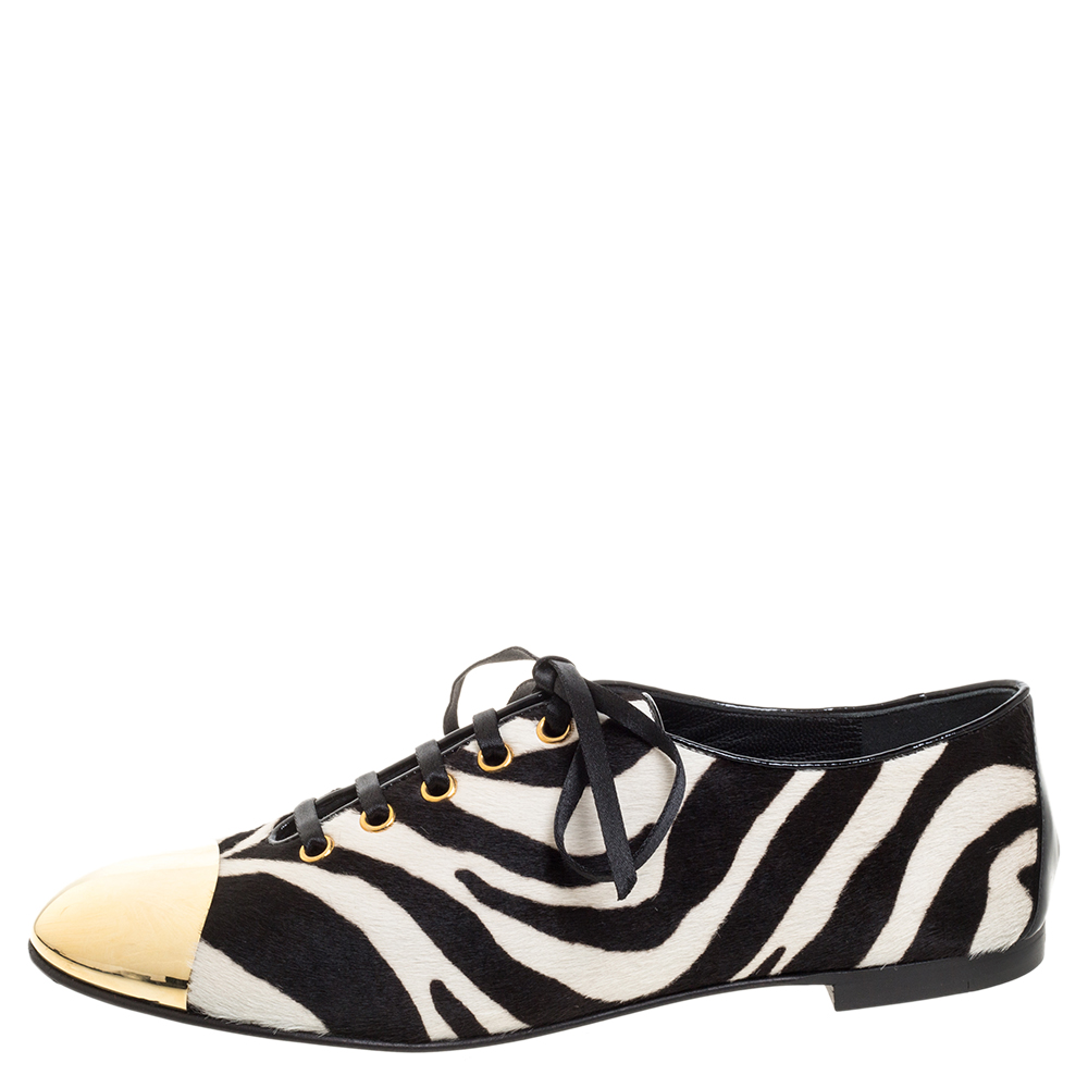 

Giuseppe Zanotti White/Black Zebra Print Pony Hair And Metal Cap Toe Lace Up Oxfords Size