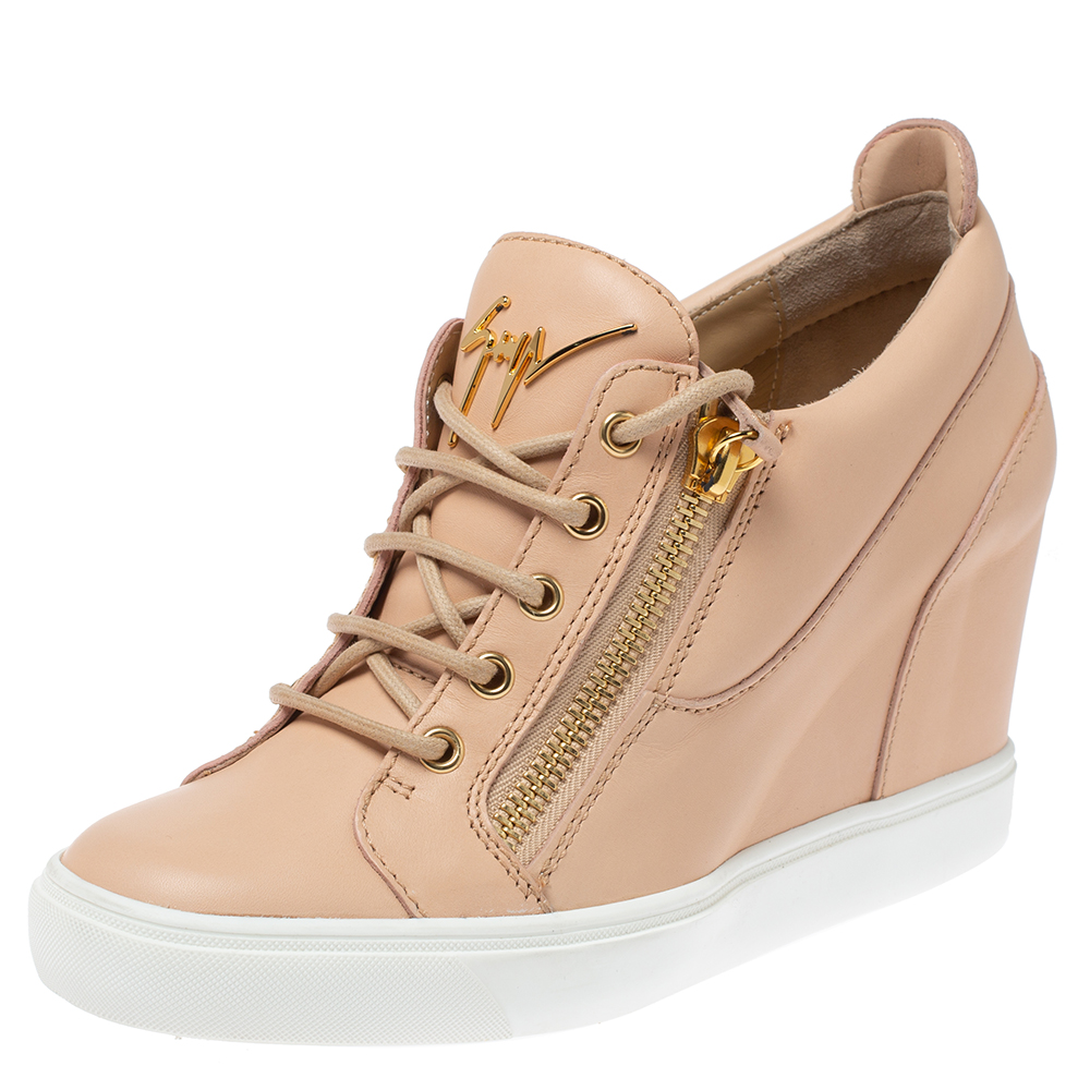 Image of Giuseppe Zanotti Beige Leather Low Top Wedge Sneakers Size