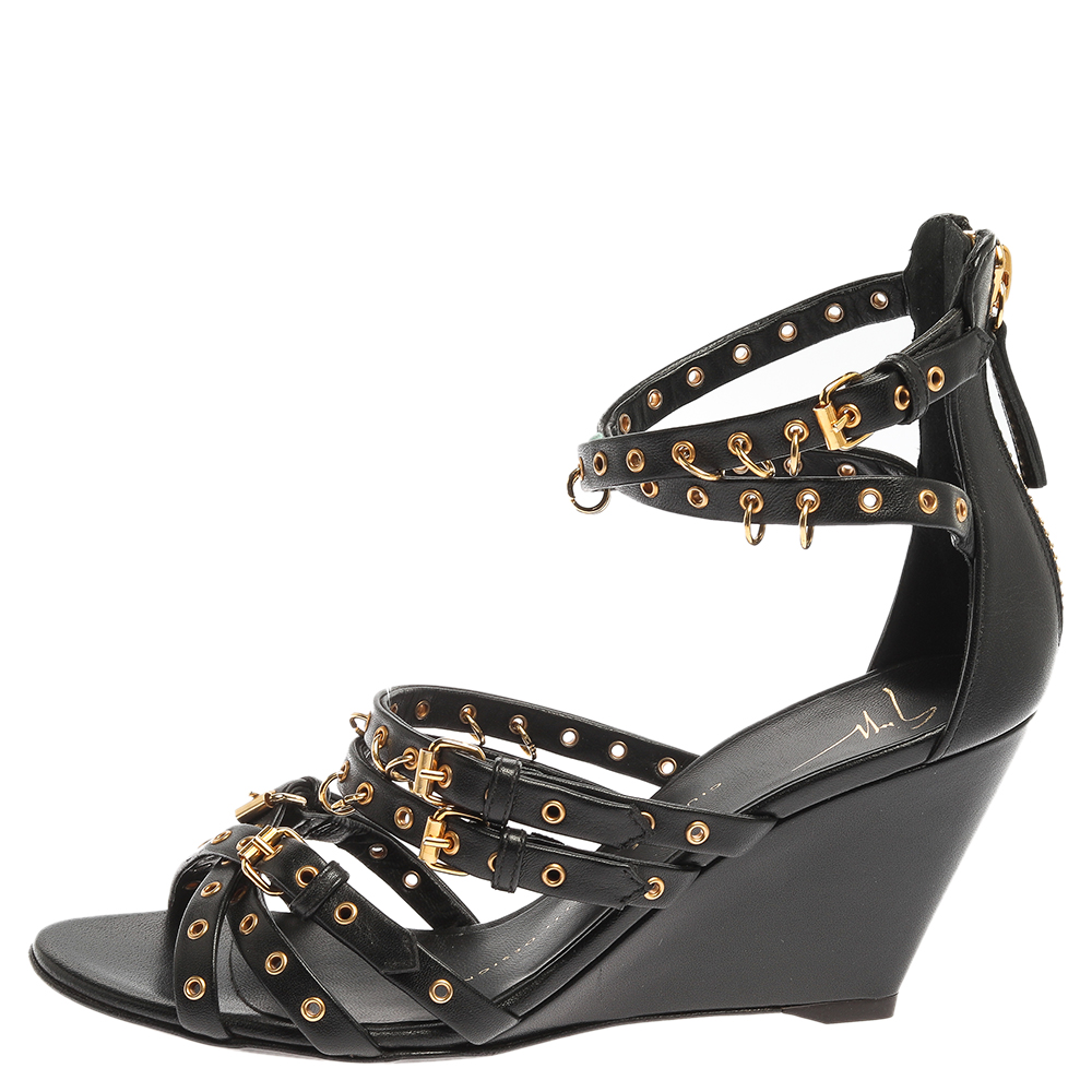 Giuseppe Zanotti Black Leather Eyelet Ankle Strap Wedge Sandals Size 36