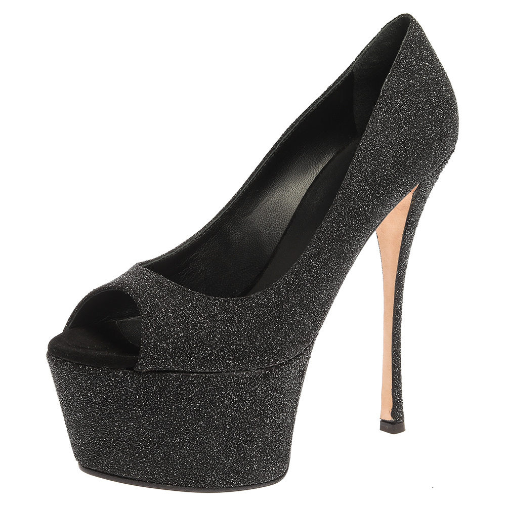 

Giuseppe Zanotti Black Glittered Suede Open Toe Platform Pumps Size