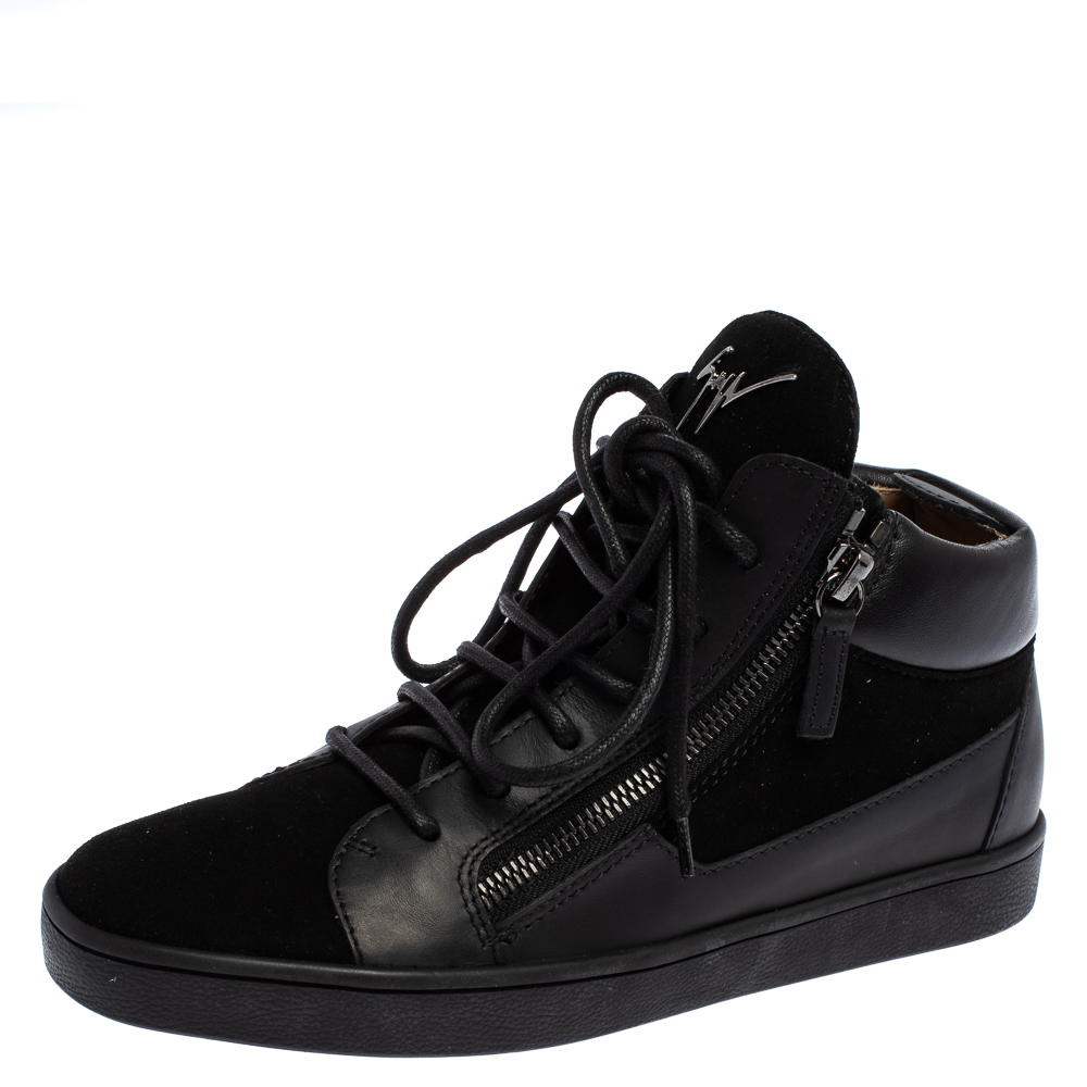 Image of Giuseppe Zanotti Black Leather And Suede Nero Breck High Top Sneakers Size