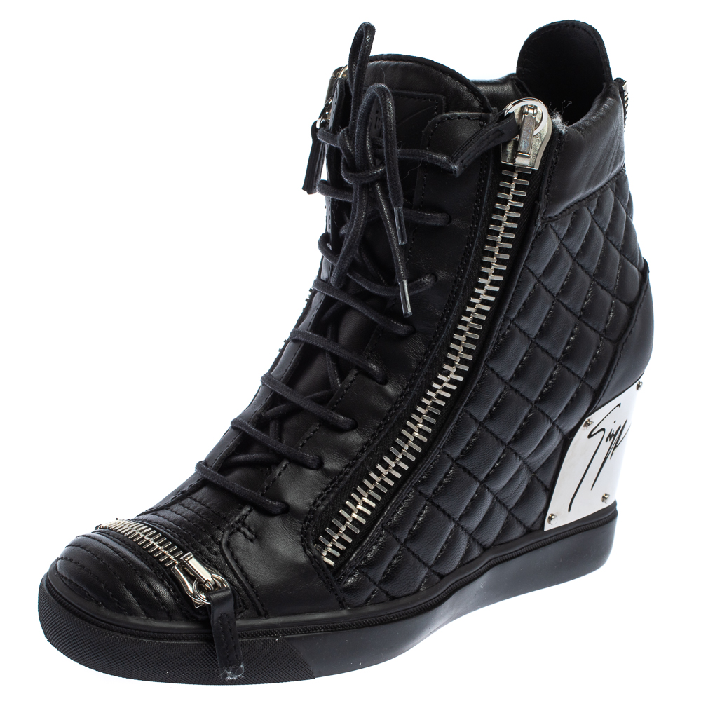 Giuseppe Zanotti Black Quilted Leather Lorenz Wedge Sneakers Size 41
