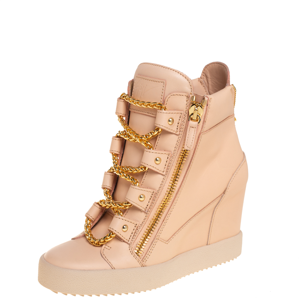 Giuseppe Zanotti Beige Leather Chain Detail High Top Wedge Sneakers Size 39