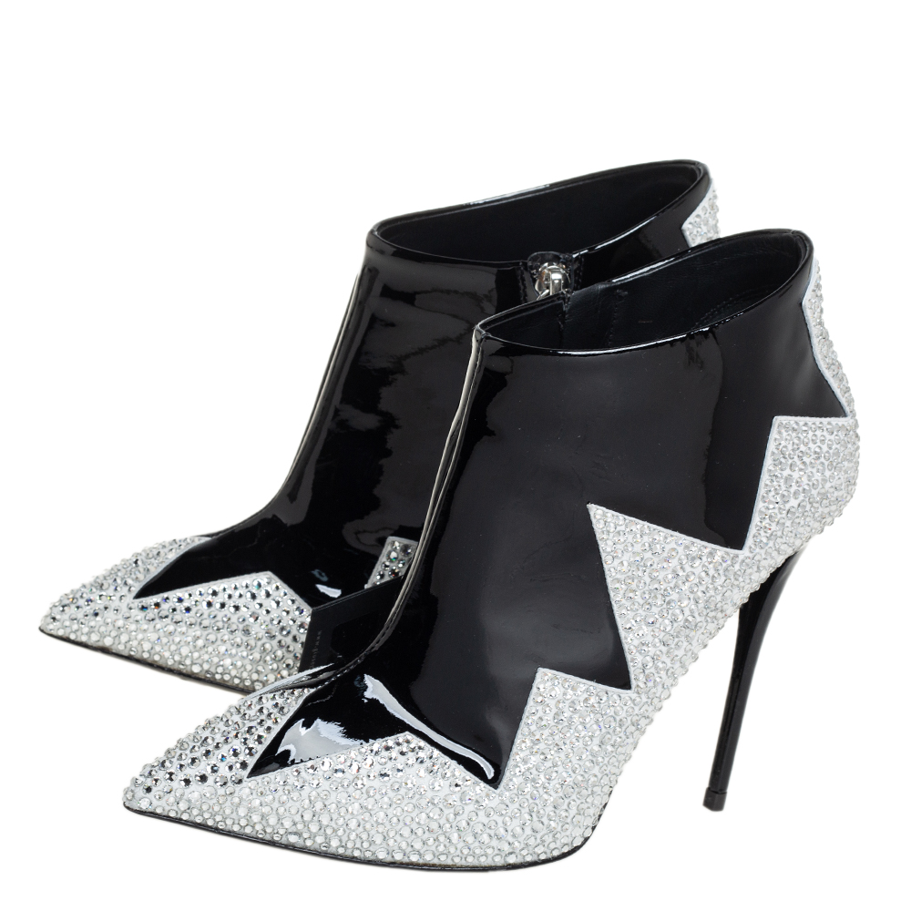 Giuseppe Zanotti Black Patent Leather And Suede Crystal Zig Zag Patterned Booties Size 36.5