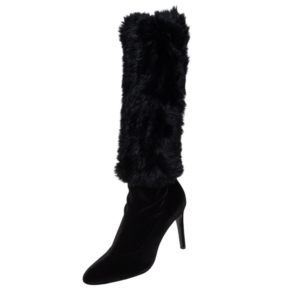 Giuseppe zanotti black stretch fabric and fur bimba knee high boots size 40