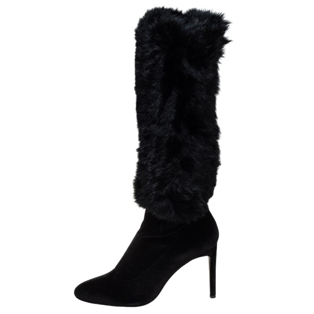 Giuseppe Zanotti Black Stretch Fabric And Fur Bimba Knee High Boots Size 40