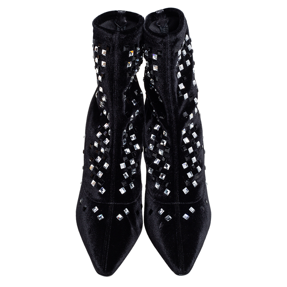 Giuseppe Zanotti Black Velvet Crystal Embellished Ankle Boots Size 39