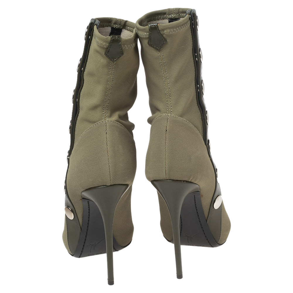 Giuseppe Zanotti Army Green Canvas And Studded Leather Peep-Toe Ankle Boots Size 37