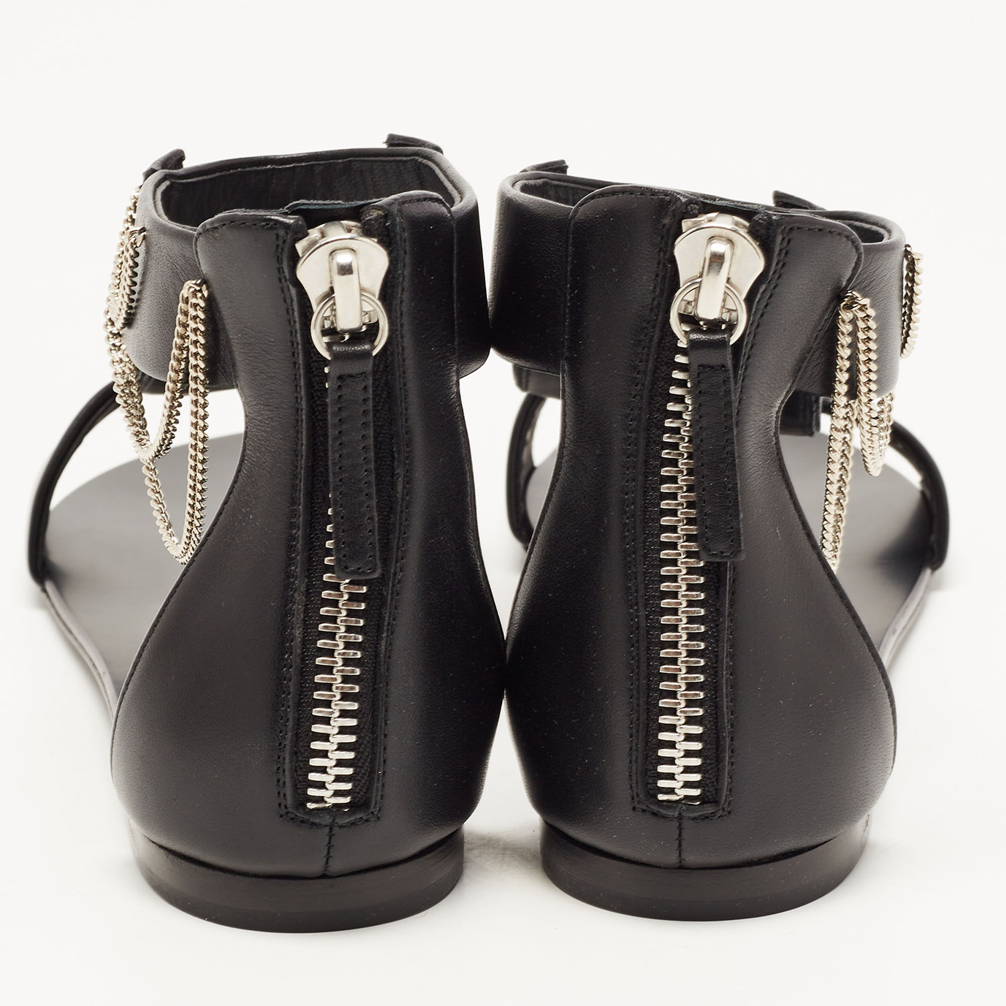 Giuseppe Zanotti Black Leather Roll Chain Detail Flat Sandals Size 41