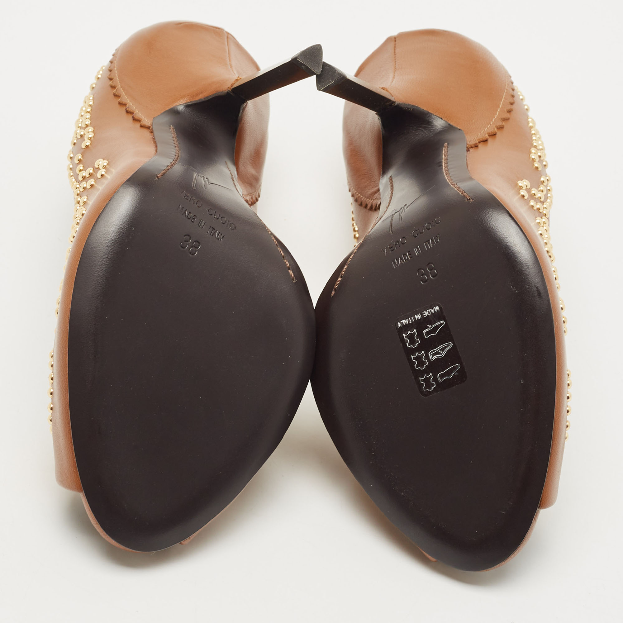 Giuseppe Zanotti Brown Studded Leather Peep Toe Pumps Size 38