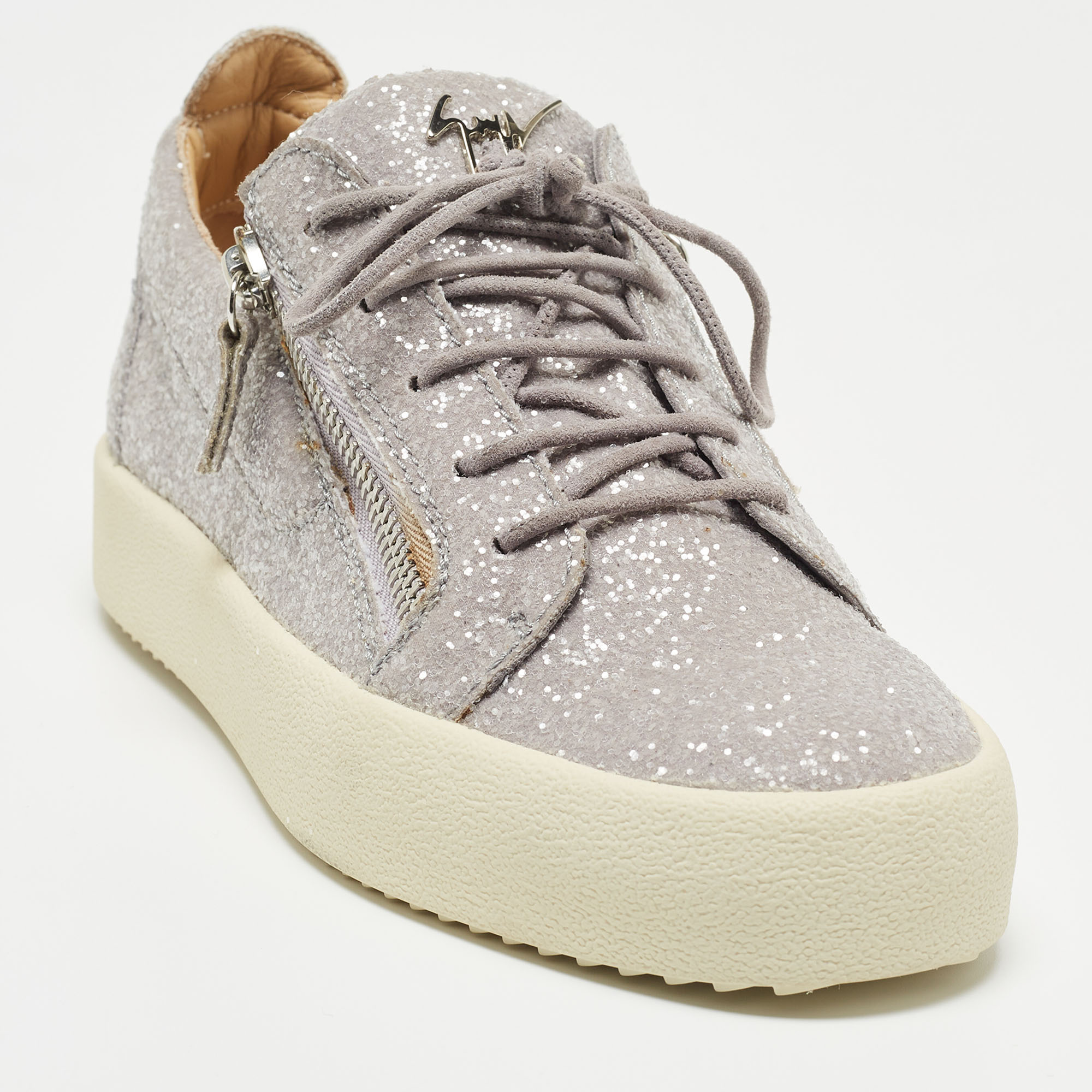 Giuseppe Zanotti Metallic Grey Suede Double Zip Low Top Sneakers Size 41
