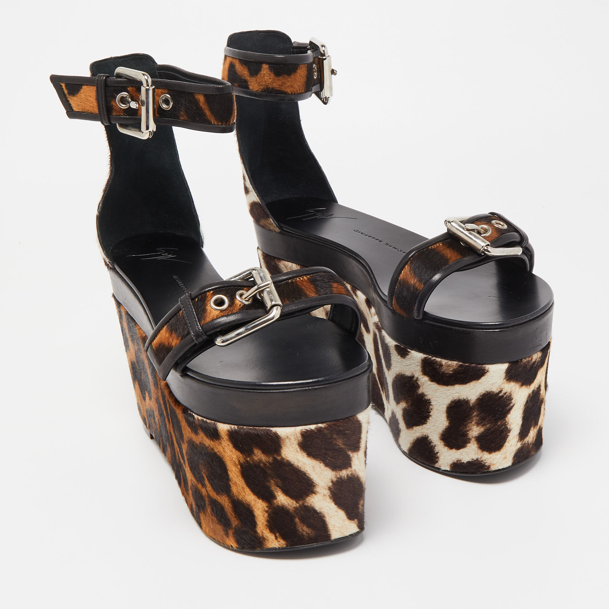Giuseppe Zanotti Brown Leather And Calf Hair Leopard Ankle Strap Platform Sandals Size 37