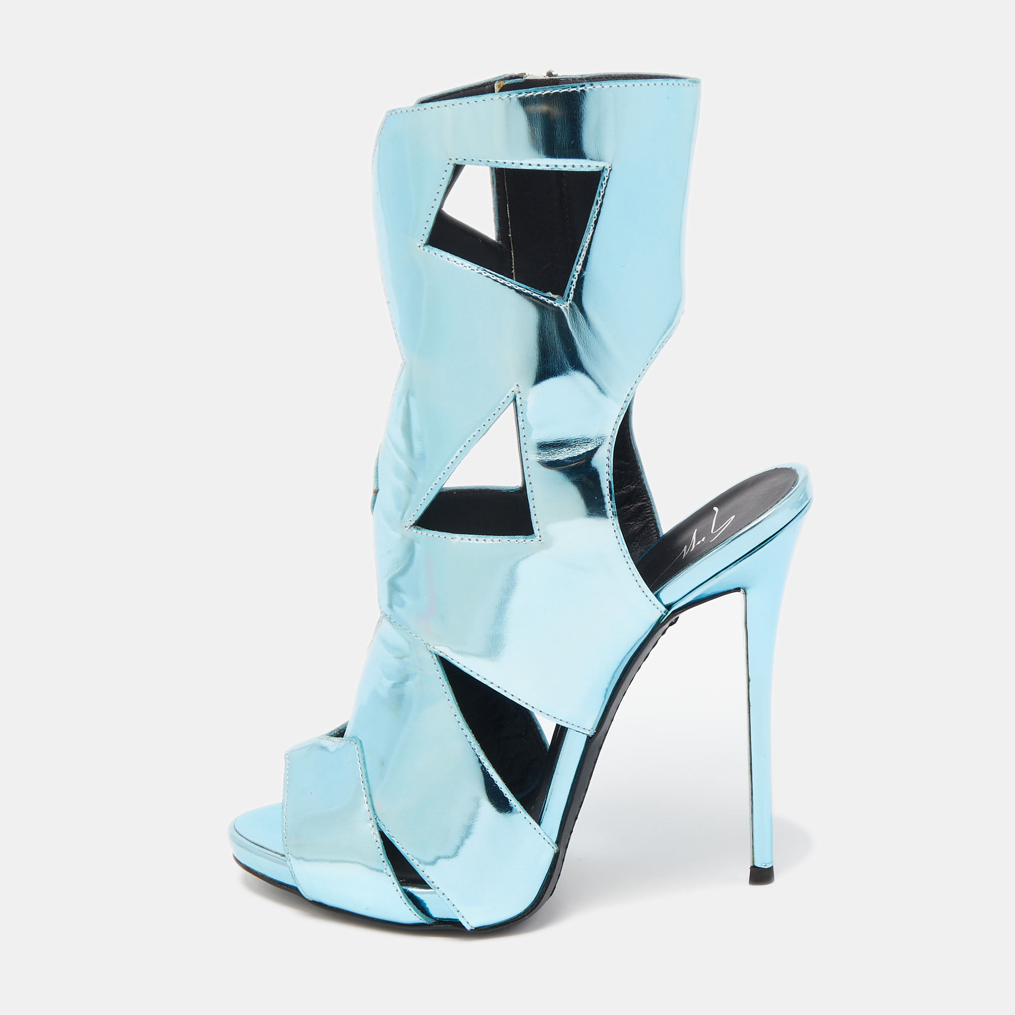 Giuseppe Zanotti Metallic Blue Leather Cut-Out Coline Ankle Booties Size 36