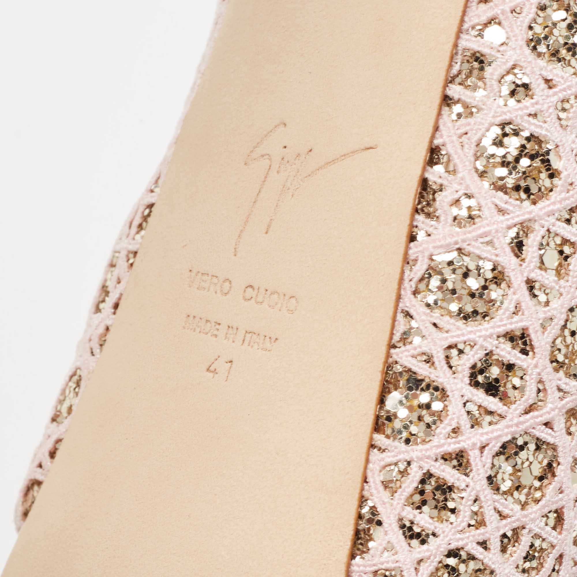 Giuseppe Zanotti Pink Glitter Lace And Leather Sharon Platform Peep Toe Pumps Size 41