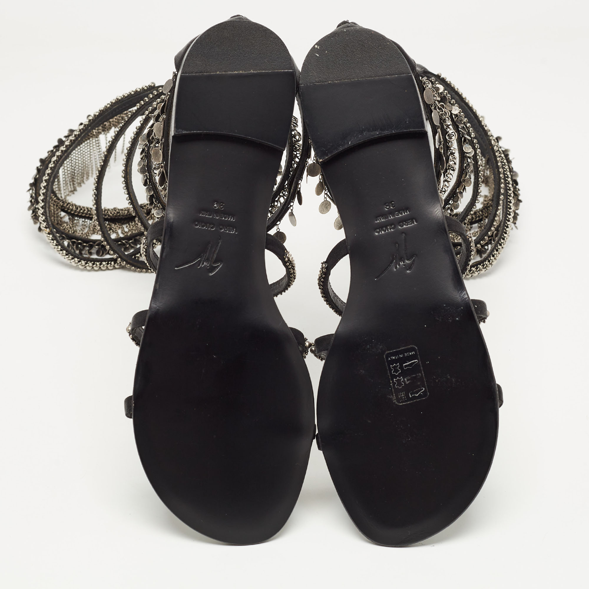 Giuseppe Zanotti Black Satin Embellished Gladiator Sandals Size 38