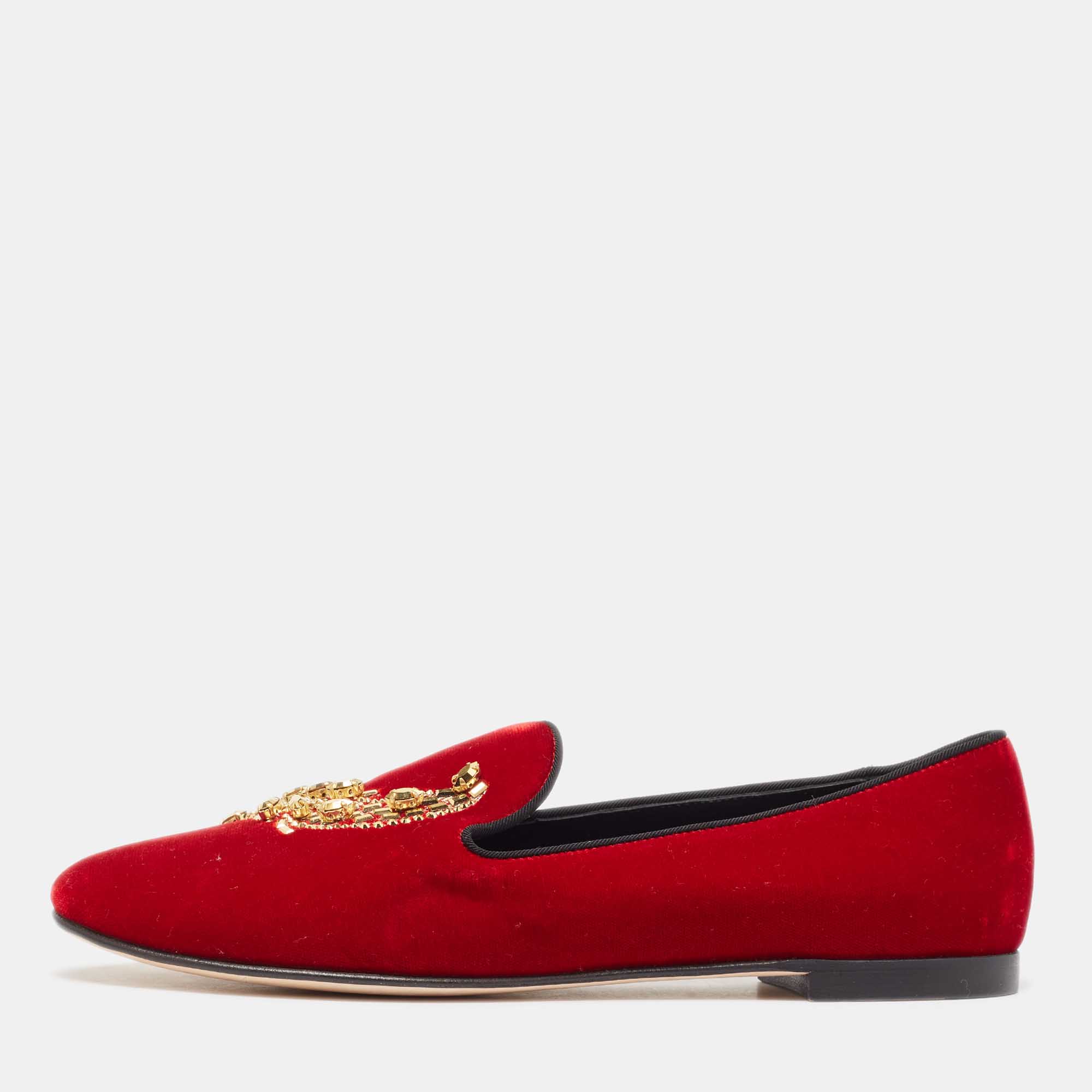 Giuseppe zanotti red velvet crystal embellished smoking slippers size 38
