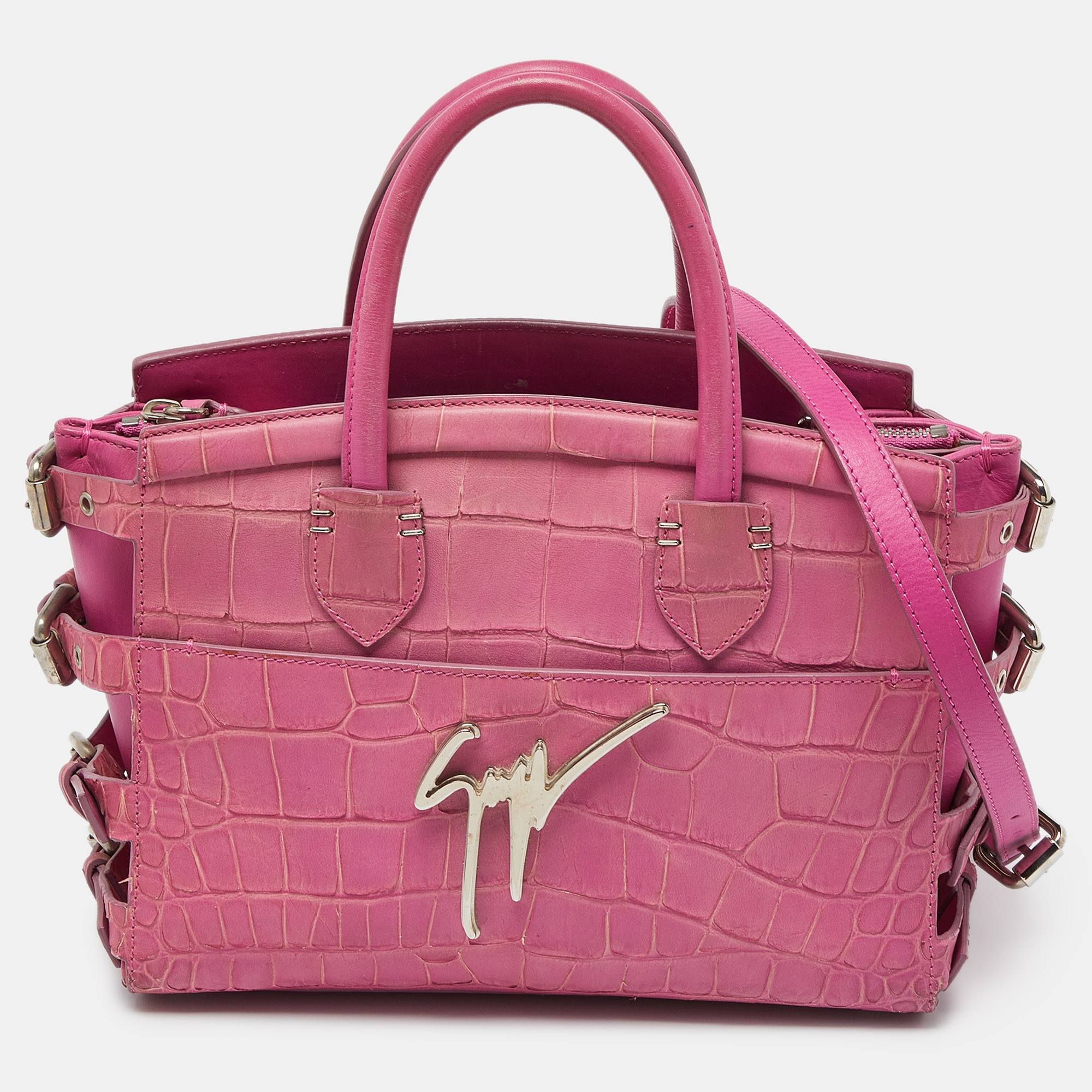 Giuseppe zanotti pink croc embossed leather g17 tote
