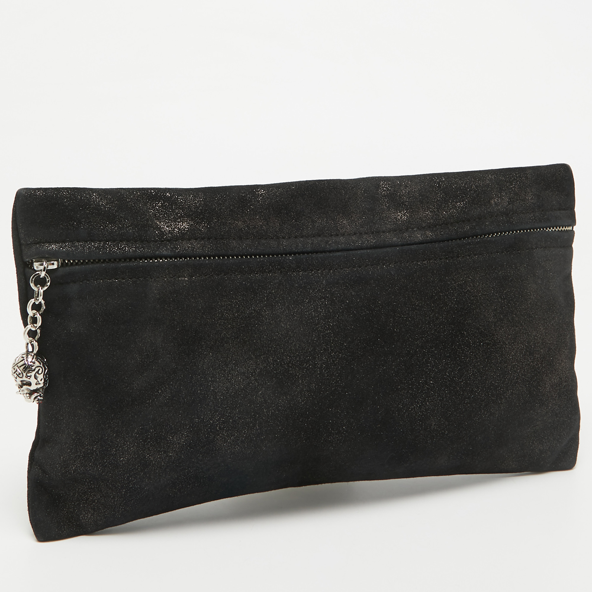 Giuseppe Zanotti Black Suede Skull Zip Clutch