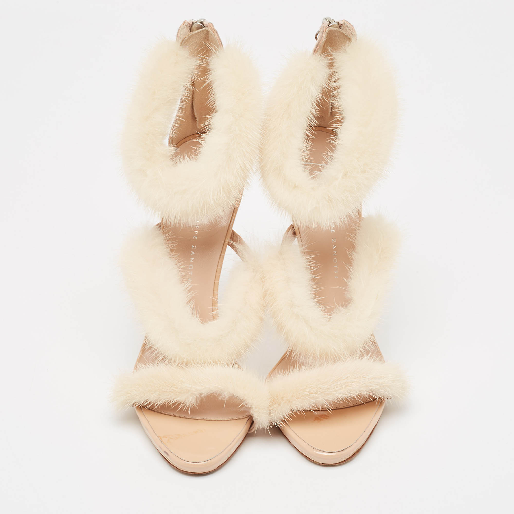 Giuseppe Zanotti Beige Mink Fur And Textured Leather Ankle Strap Sandals Size 37