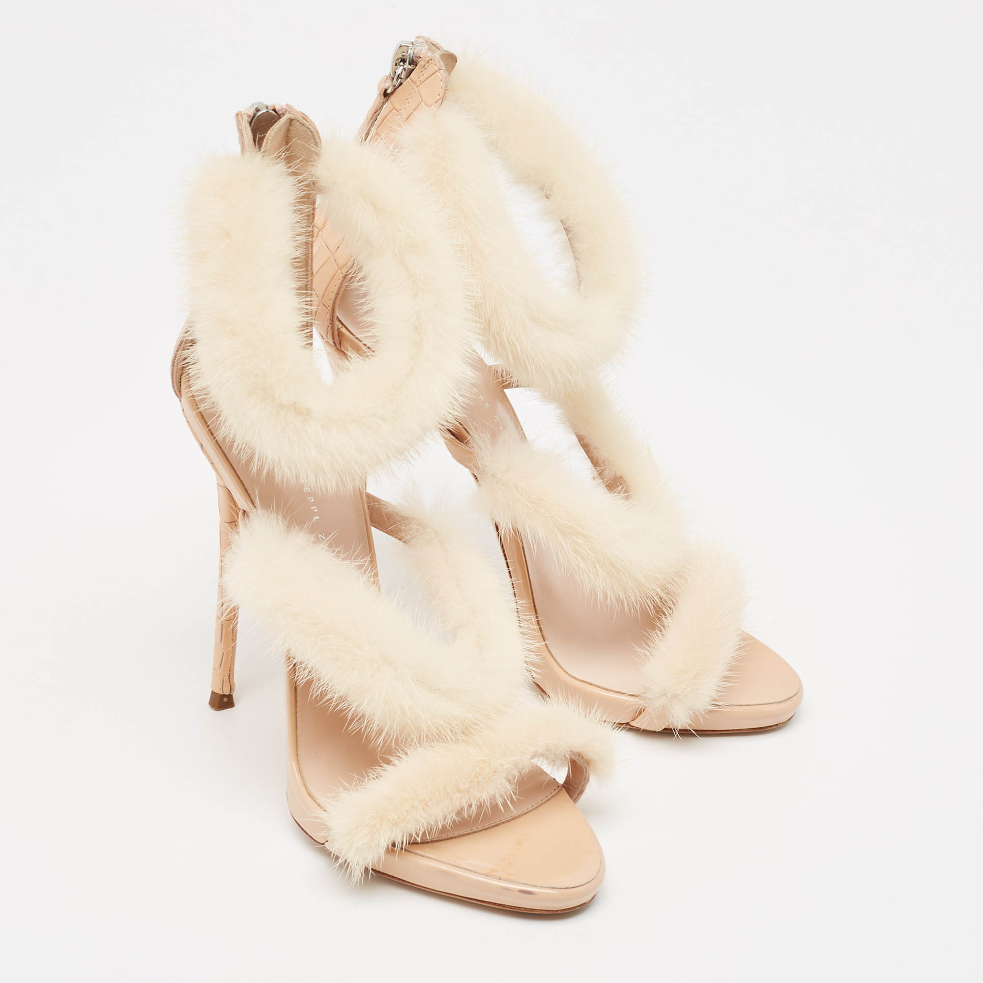 Giuseppe Zanotti Beige Mink Fur And Textured Leather Ankle Strap Sandals Size 37