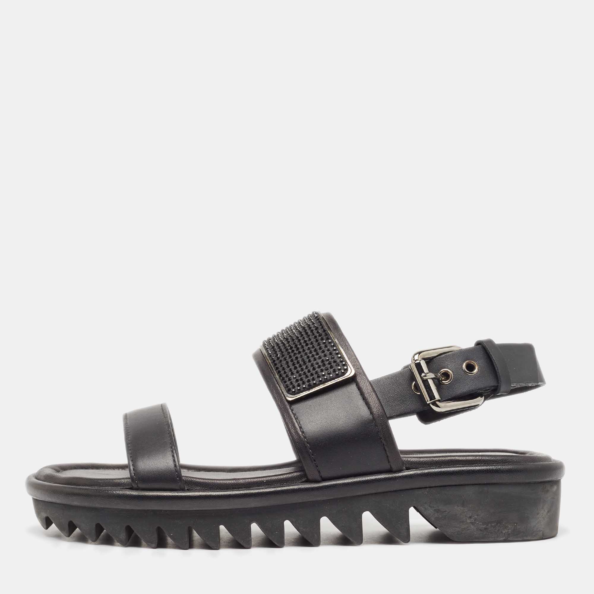 Giuseppe zanotti black leather crystal embellished slingback sandals size 37