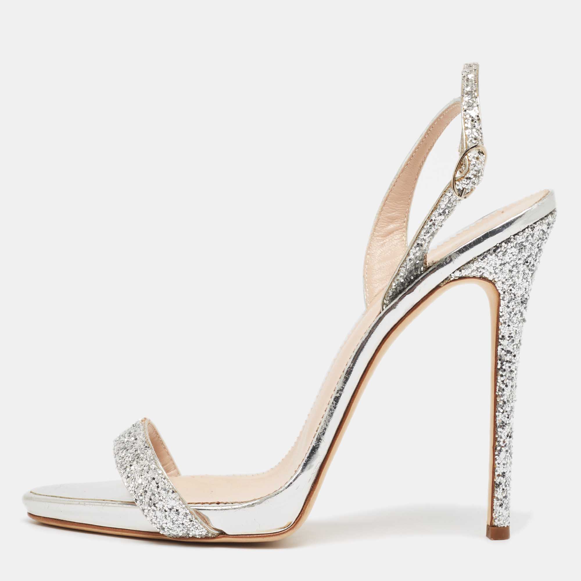 Giuseppe zanotti silver coarse glitter slingback sandals size 41