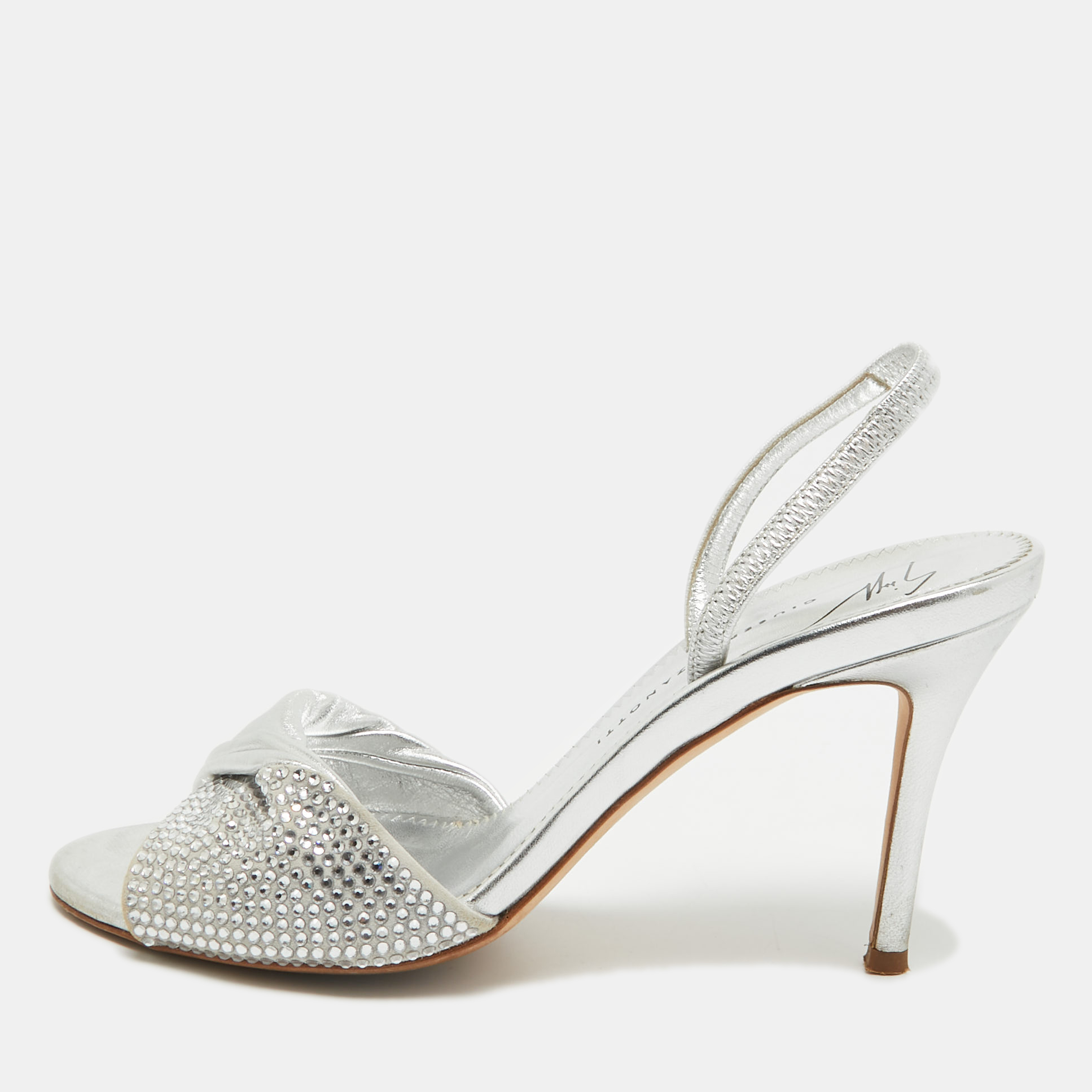 Giuseppe zanotti silver leather crystal embellished slingback sandals size 36